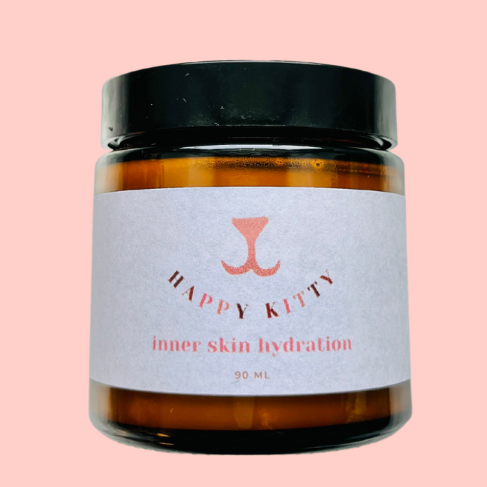 Happy Kitty Inner skin hydration in an glass amber jar 90 ml; made with hyaluronic acid for increased moisture retention